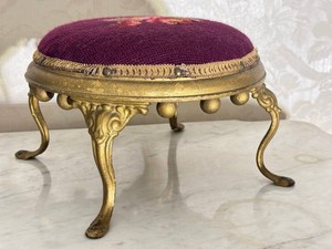 LR - Antique Metal Foot Stool Embroidered Top