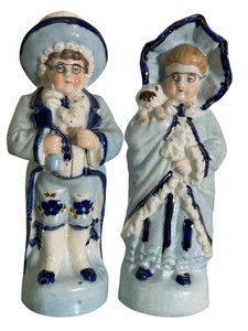 Antique Blue & White German Porcelain Figurine Pair