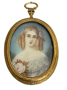 Hand Painted Oval Portrait Miniature in Gilt Frame