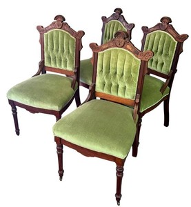DR - Antique Victorian East Lake Walnut Wood Dining Chairs (Set of 4)