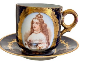 KH - Antique Hand Painted Portrait Demitasse Cup and Saucer Marie Thrse of Austria