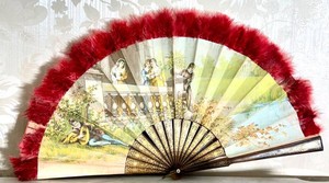 KH - Vintage Decorative Folding Fan With Feather Trim