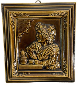 KP - Vintage German Ceramic Wall Plaque Brown Glaze Embossed