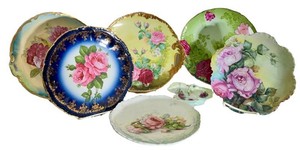 KF - Vintage Hand Painted Floral Porcelain Plates & Trinket Dish (Lot of 7)