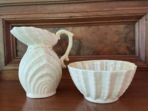 KH - Vintage Belleek Shell Sugar and Creamer Set
