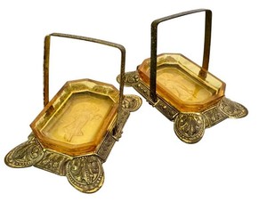 DR - Antique Czech Glass Open Salt Cellars in Gilt Metal Stands (Pair)