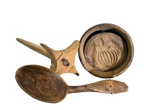 K - Antique Wooden Butter Mold & Wooden Primitive Utensil Group
