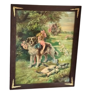 DR - Antique Wendy and Her Dog Lithograph Framed