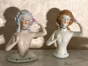 KG - Antique German Porcelain Half Doll Bust Figurines Pair - Carl Schneider 15542 Mold 15006