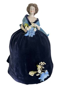 CL - Vintage Porcelain Half Lady Doll D397 Blue Velvet Gown