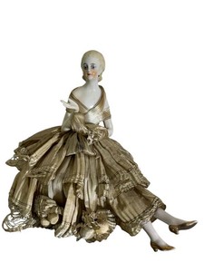 CL - Antique Porcelain Half Doll Figure Seated in Layered Gold Fabric Gown
