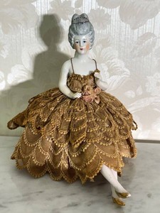 DR - Antique Porcelain Half Doll in Brown Layered Lace Gown