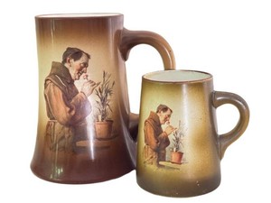 Antique Morris Wilmore Pottery Mug Pair - One Burnhams Clam Bouillon Advertisement