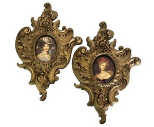 Matching Pair of Vintage Ornate Gilt Wall Frames With Victorian Portraits