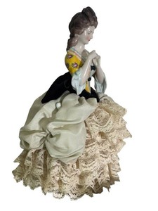 CL - Antique Porcelain Half Doll Seated Pin Cushion with Lace Dress