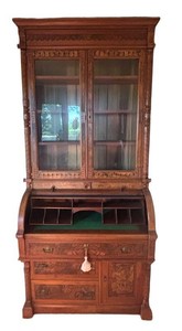 LL2 - Antique American Eastlake Victorian 1880s Burl Walnut Cylinder Roll-Top Desk
