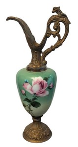 LL2 - Antique Victorian Porcelain Ewer Brass Mounts Hand-Painted Rose
