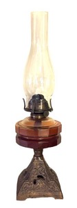 LL2 - Antique Victorian Kerosene Lamp Cranberry Glass Cast Metal Base