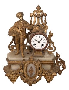 LL2 - Antique Figural Mantel Clock Alabaster Gilt Metal Cavalier