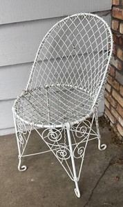 G - Vintage French Wire Tub-Back Patio Chair White Painted Iron