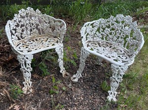 FY - Vintage Victorian Cast Iron Garden Chairs Grapevine Leaf Motif (Lot of 2)