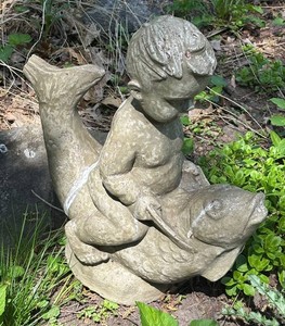 BY - Boy on Fish Cement Garden Sculpture