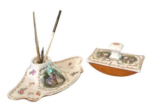 LL2 - Antique Porcelain Inkwell & Rocker Ink Blotter Set