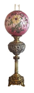 LL2 - Antique Victorian Banquet Lamp With Hand Painted Floral Globe
