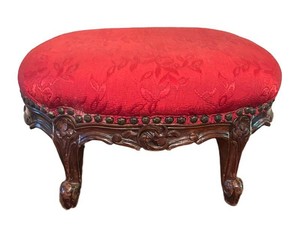 LL2 - Antique Victorian Footstool Red Upholstery Carved Wood