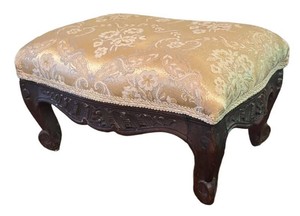 LL2 - French Carved Wood Stool Floral Brocade Silk Upholstery