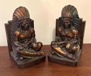 LL2 - Two Vintage Native American Chief Bronze Bookends