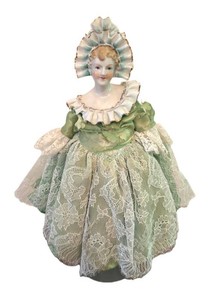 LL2 - Antique Porcelain Doll in Green Lace Dress
