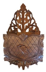 LL2 - Large Antique Hand-Carved Walnut Wall Pocket Pierced Foliage