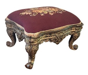 LL2 - Antique Victorian Footstool Ornate Cast Metal Needlepoint