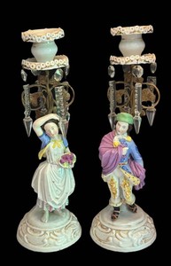 K - Antique German Rococo Porcelain Figural Candlesticks Pair