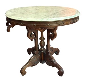 LR - Antique Victorian Eastlake Walnut Parlor Table White Marble Top