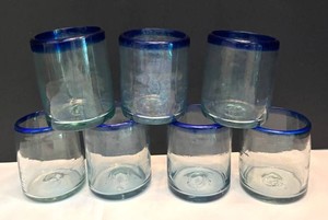KH - Set of Seven Hand-Blown Blue Rim Lowball Glasses
