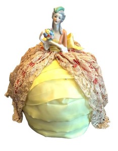 DR - Vintage Porcelain Half Doll Pin Cushion Yellow Satin Lace