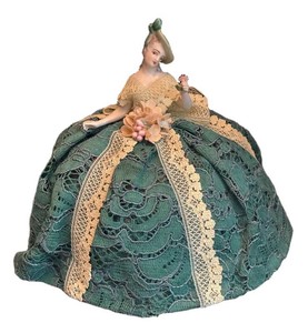 DR - Antique Porcelain Half Doll Pincushion in Layered Teal Green Lace Dress