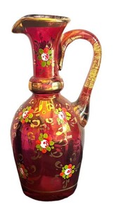 DR - Vintage Venetian Murano Tre Fuochi Ruby Red Glass Pitcher with 24k Gold and Enamel Flowers