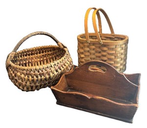 K - Two Woven Baskets & Wooden Tray