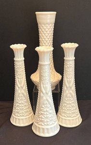 K - Three Vintage Anchor Hocking Stars and Bars Milk Glass Bud Vases & One Vintage Milk Glass Randal Diamond Quilted Vase