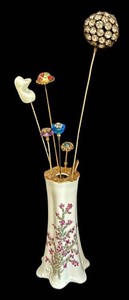 K - Porcelain Hatpin Holder With 7 Decorative Hatpins