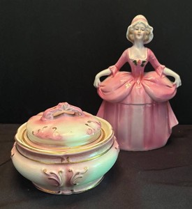 K - Antique Madame Pompadour Erphila Porcelain Dresser Doll Powder Box & Covered Trinket Dish
