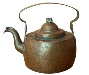DR - Antique 19th Century Hammered Copper Tea Kettle Gooseneck Spout Patina