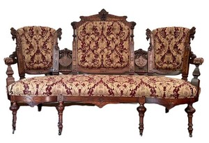 LR - Antique 1870s Victorian Renaissance Revival Walnut Triple-Back Settee