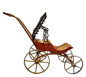LL1 - Antique Doll Carriage With Canopy  Antique Victorian Wood Doll Carriage 1860s Surrey Fringed Canopy