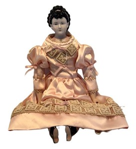 LL1 - Antique German Head China Doll in Pale Pink Satin and Ecru Lace Gown
