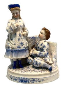 LL1 - Antique Porcelain Mom and Child Blue Floral Planter