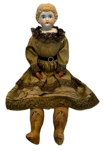 Antique German Glazed Porcelain China Head Doll - Molded Blonde Curls, Leather Arms, & StitchedB Leather Boots (Late 19th Century)